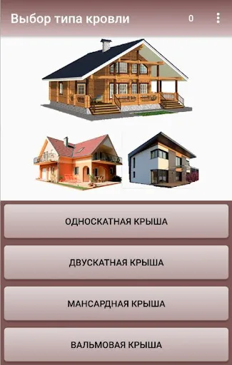 Скриншот 1 — Расчет крыш и материала