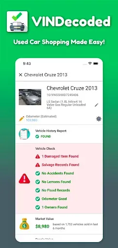 Скриншот 1 — VIN Check Report for Used Cars
