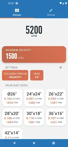 Скриншот 2 — Ductulator - HVAC Duct Sizing